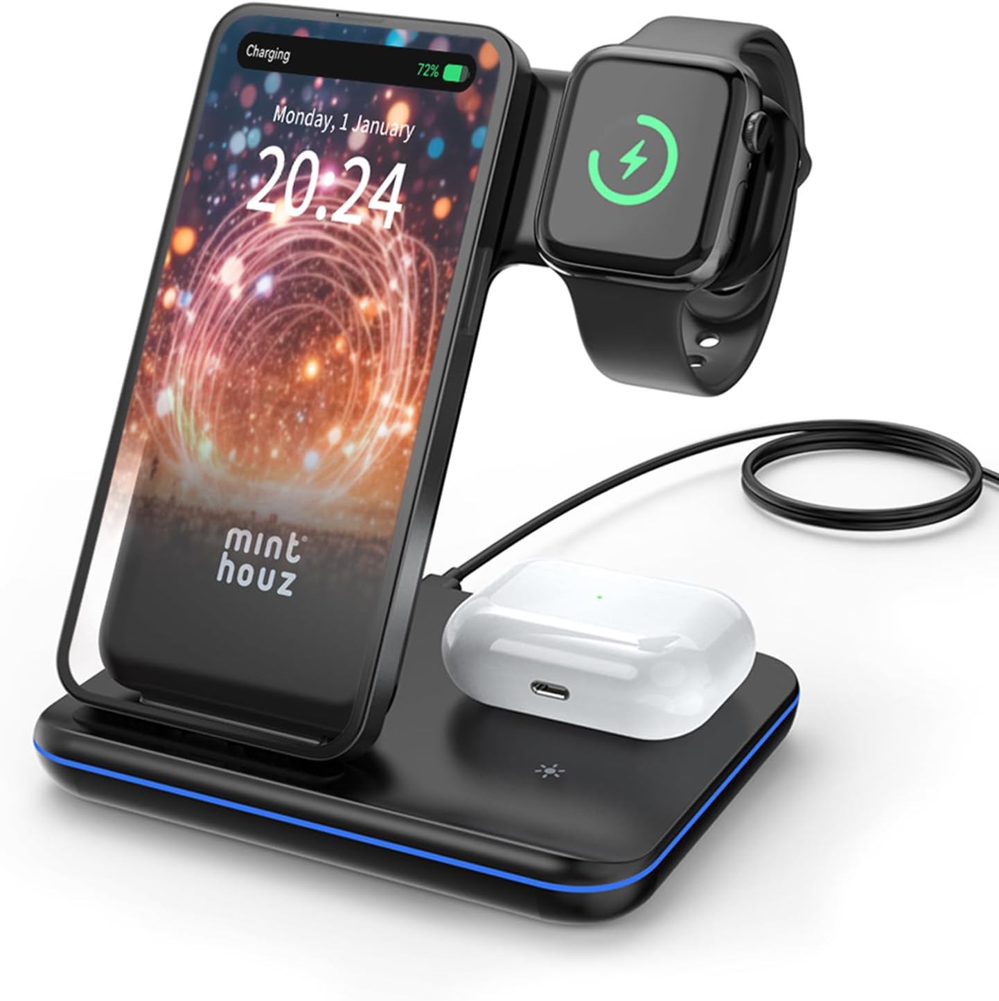 Minthouz 3 in 1 Wireless Charger with 18W Adapter, Fast Wireless Charging Station for Multiple Devices Apple Watch S8/7, AirPods 3/Pro, Wireless Charger Stand