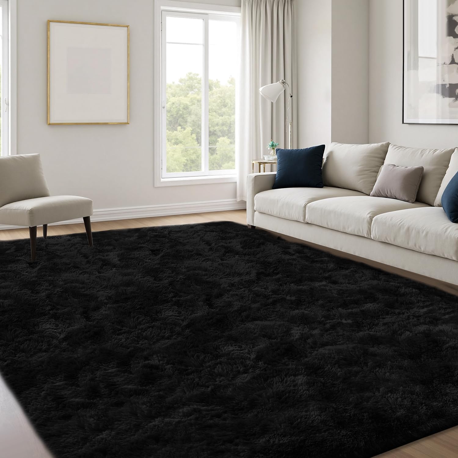 Rugs Living Room, Black Area Carpet Soft Fluffy Washable Shaggy Anti Slip Modern Decor Mat