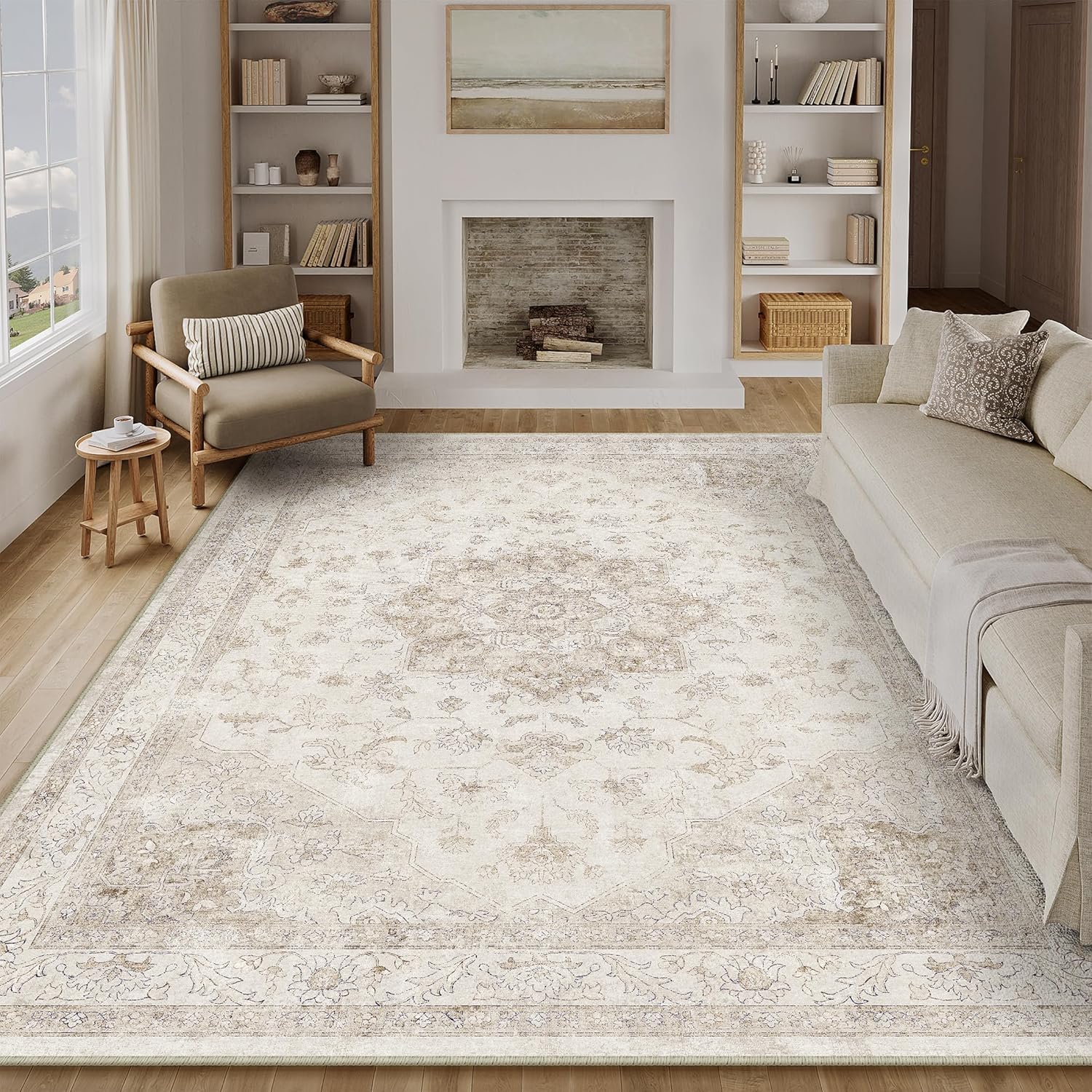 Vintage Washable Beige Rugs Living Room Area Rug